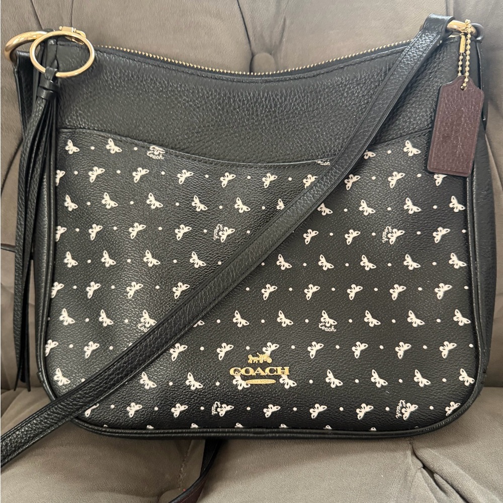 Coach Black Crossbody with White Butterfly Motif and Gold Logo